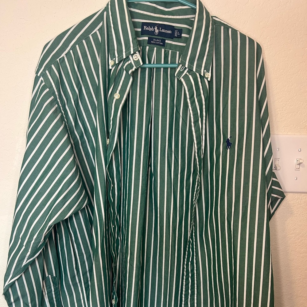 Polo by Ralph Lauren Green and White Striped Button-Down Shirt